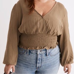 Madewell faux wrap,V neck  top long sleeve olive green size medium
